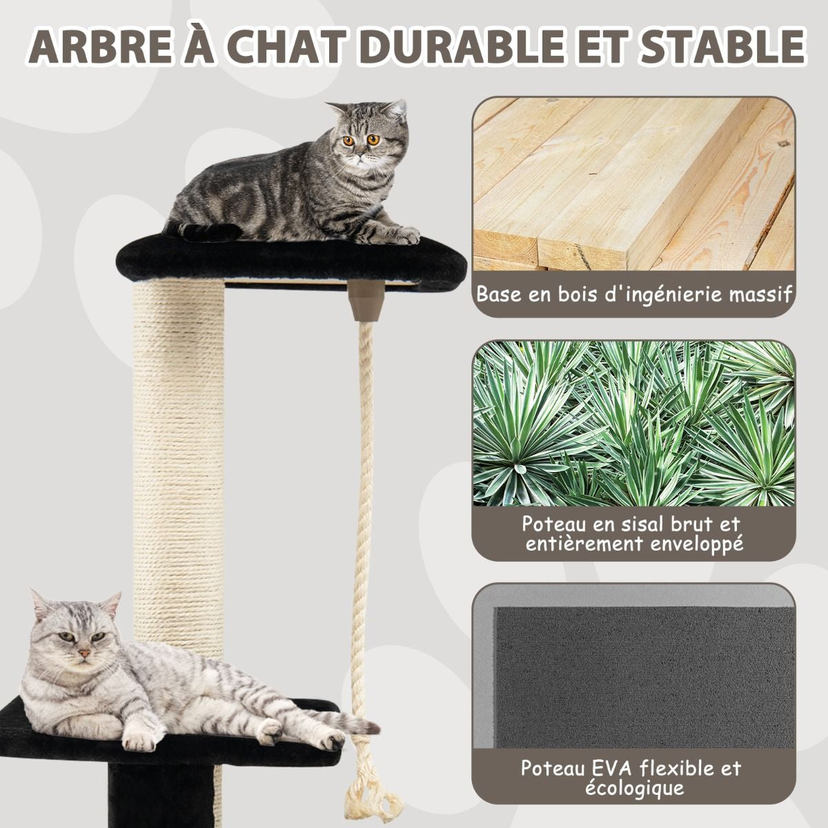 92CM Arbre À Chat 3 Niveaux Avec Poteaux En Sisal Et Poteau EVA Tour À Chat En Peluche Avec Condo Et Corde Suspendue Gris/Noir