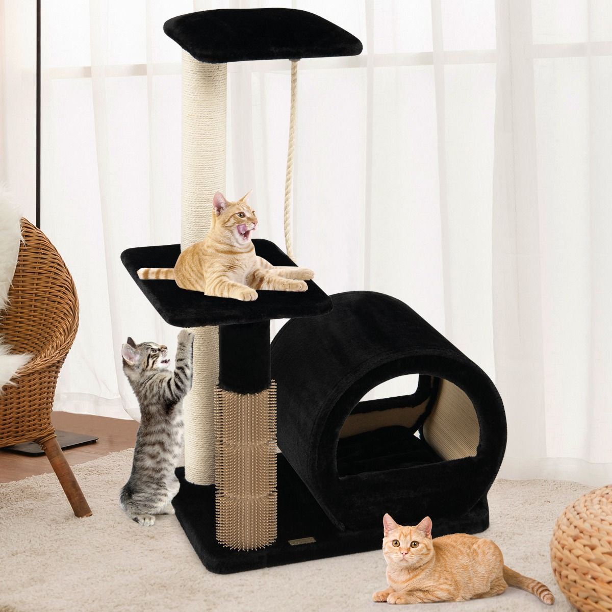 92CM Arbre À Chat 3 Niveaux Avec Poteaux En Sisal Et Poteau EVA Tour À Chat En Peluche Avec Condo Et Corde Suspendue Gris/Noir