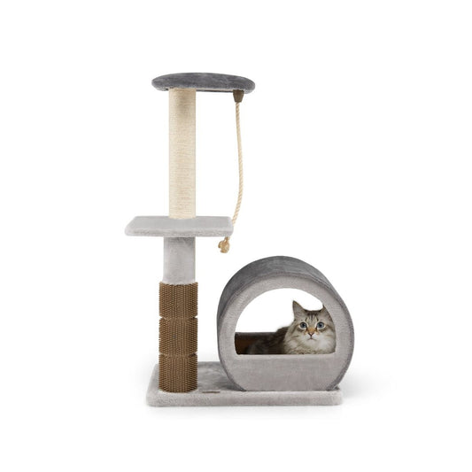 92CM Arbre À Chat 3 Niveaux Avec Poteaux En Sisal Et Poteau EVA Tour À Chat En Peluche Avec Condo Et Corde Suspendue Gris/Noir