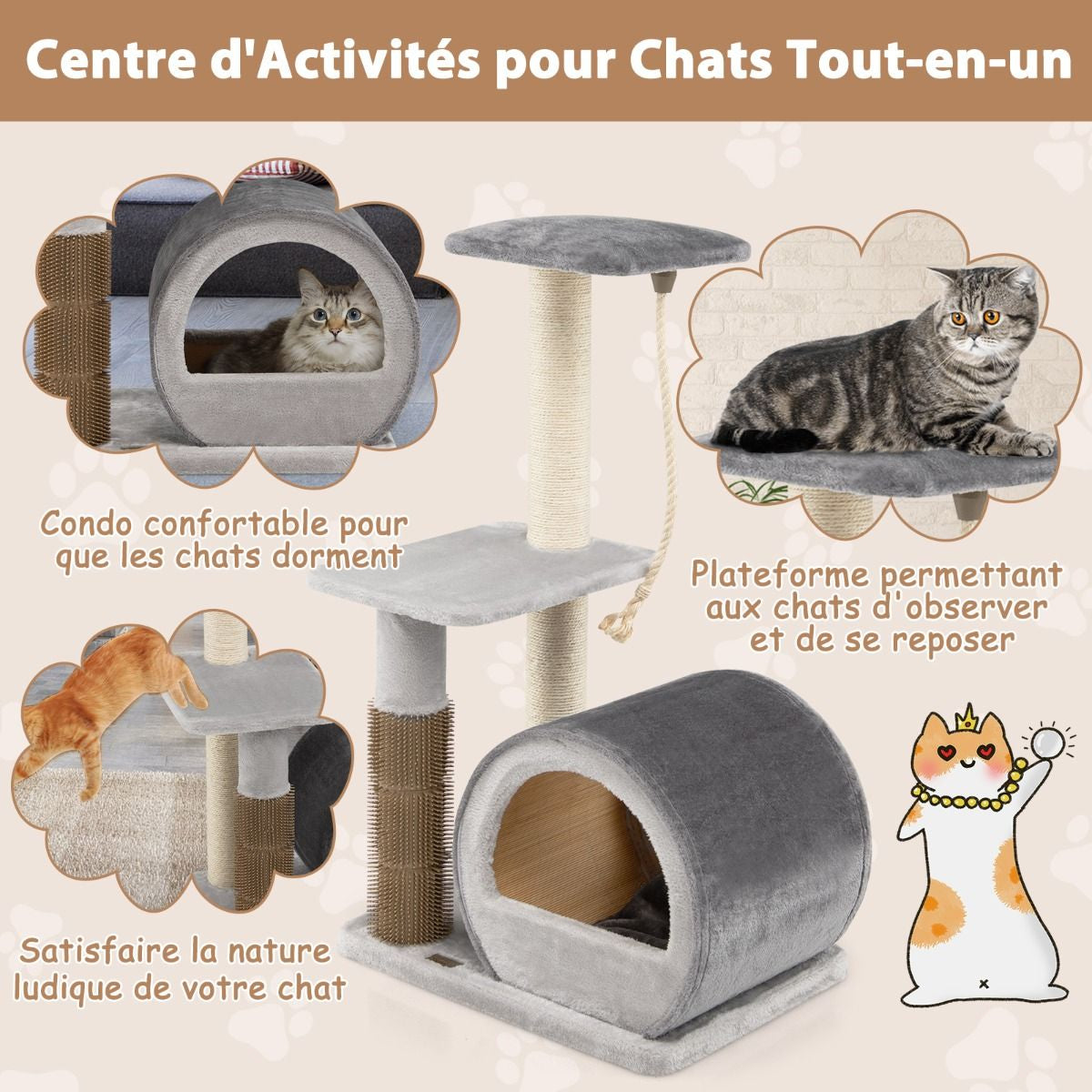 92CM Arbre À Chat 3 Niveaux Avec Poteaux En Sisal Et Poteau EVA Tour À Chat En Peluche Avec Condo Et Corde Suspendue Gris/Noir