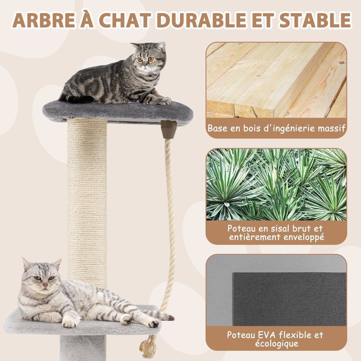 92CM Arbre À Chat 3 Niveaux Avec Poteaux En Sisal Et Poteau EVA Tour À Chat En Peluche Avec Condo Et Corde Suspendue Gris/Noir