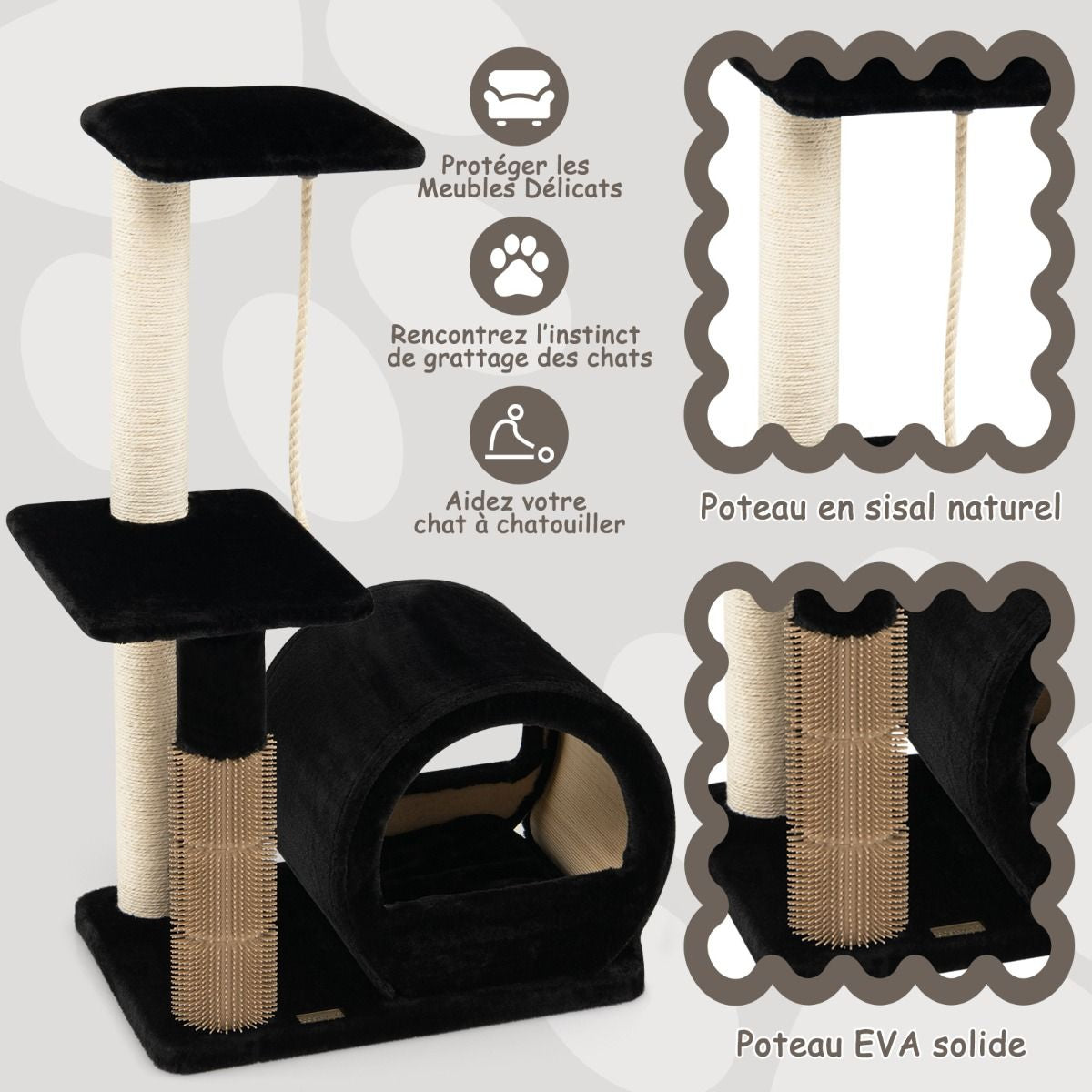 92CM Arbre À Chat 3 Niveaux Avec Poteaux En Sisal Et Poteau EVA Tour À Chat En Peluche Avec Condo Et Corde Suspendue Gris/Noir