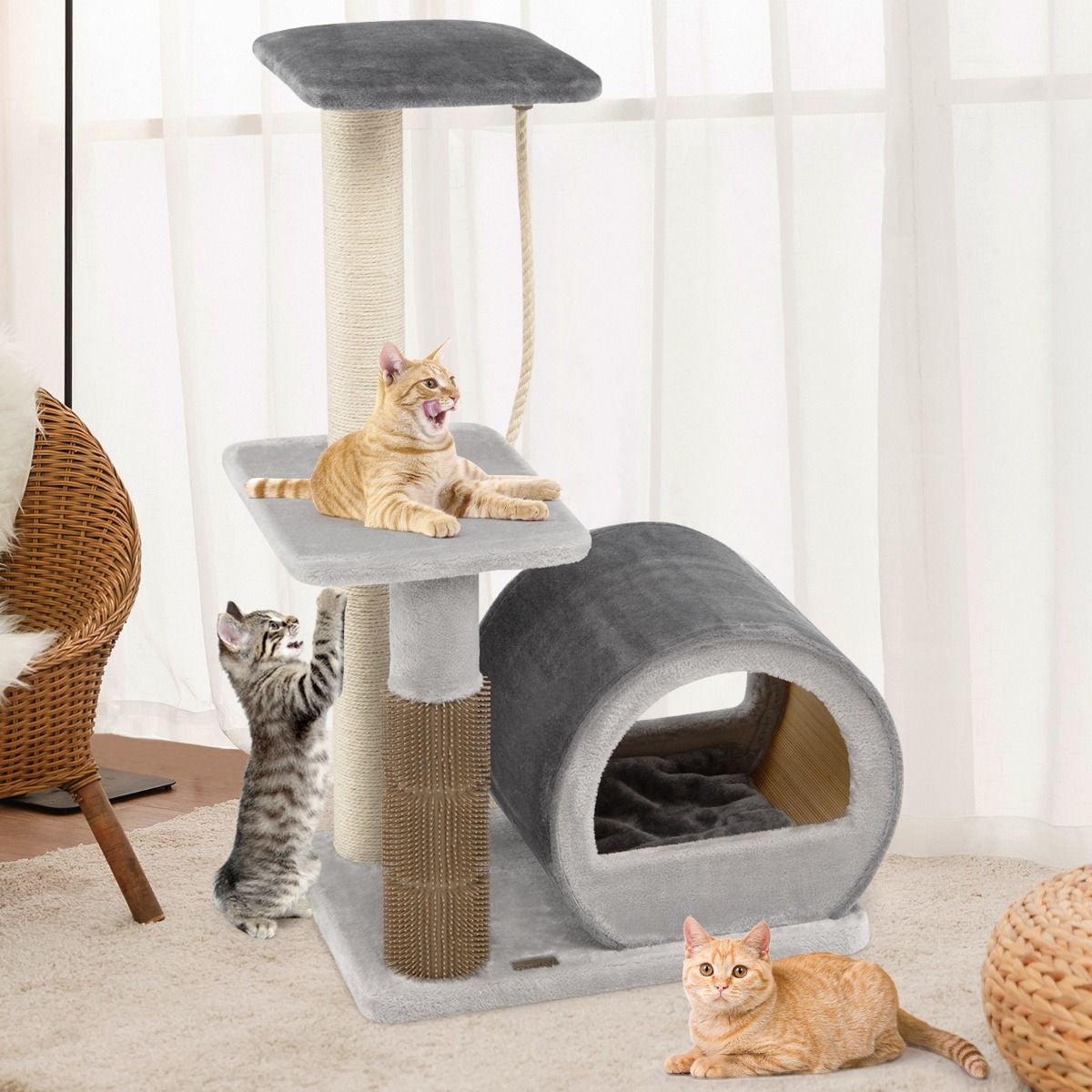 92CM Arbre À Chat 3 Niveaux Avec Poteaux En Sisal Et Poteau EVA Tour À Chat En Peluche Avec Condo Et Corde Suspendue Gris/Noir