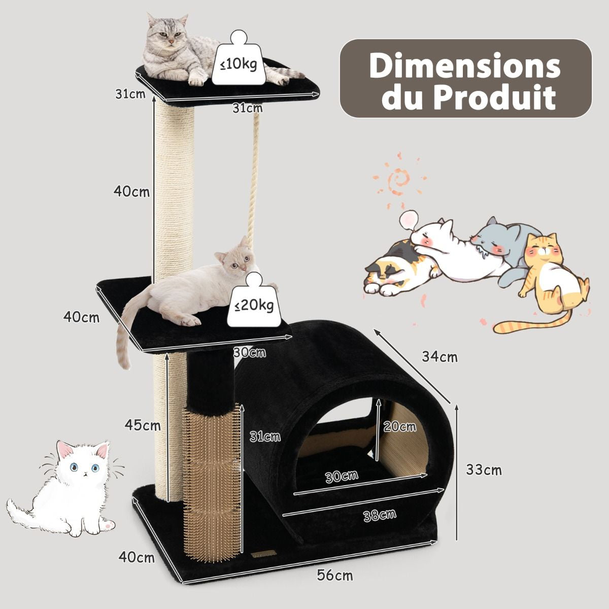 92CM Arbre À Chat 3 Niveaux Avec Poteaux En Sisal Et Poteau EVA Tour À Chat En Peluche Avec Condo Et Corde Suspendue Gris/Noir