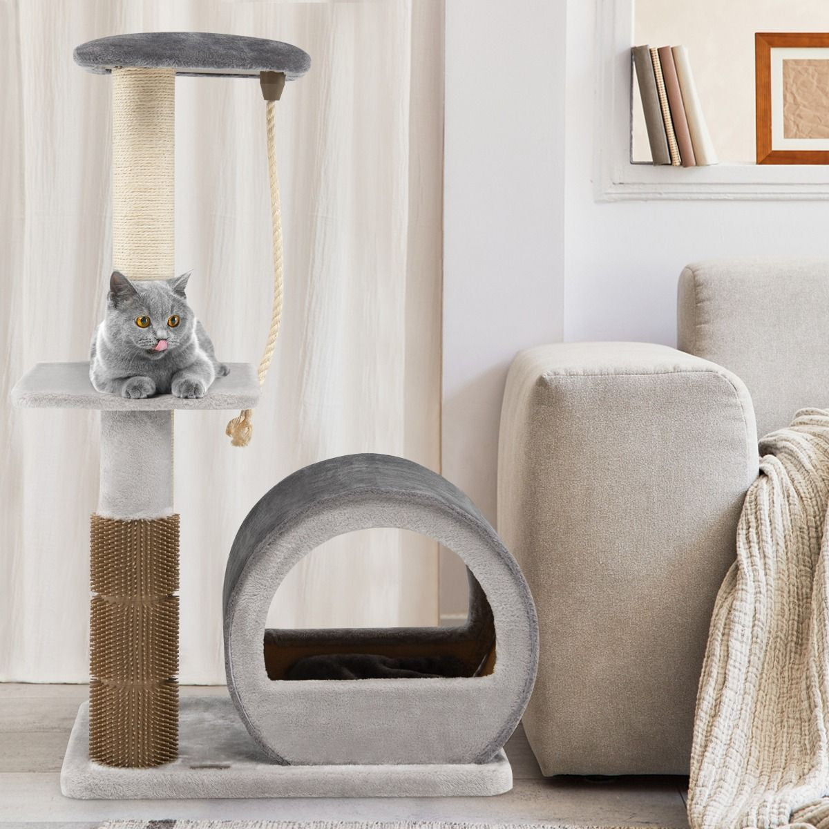 92CM Arbre À Chat 3 Niveaux Avec Poteaux En Sisal Et Poteau EVA Tour À Chat En Peluche Avec Condo Et Corde Suspendue Gris/Noir
