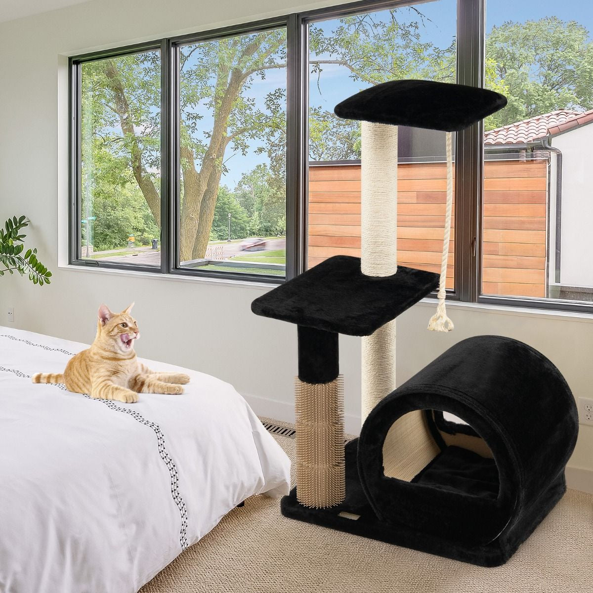 92CM Arbre À Chat 3 Niveaux Avec Poteaux En Sisal Et Poteau EVA Tour À Chat En Peluche Avec Condo Et Corde Suspendue Gris/Noir