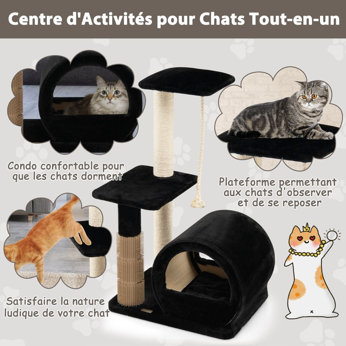 92CM Arbre À Chat 3 Niveaux Avec Poteaux En Sisal Et Poteau EVA Tour À Chat En Peluche Avec Condo Et Corde Suspendue Gris/Noir