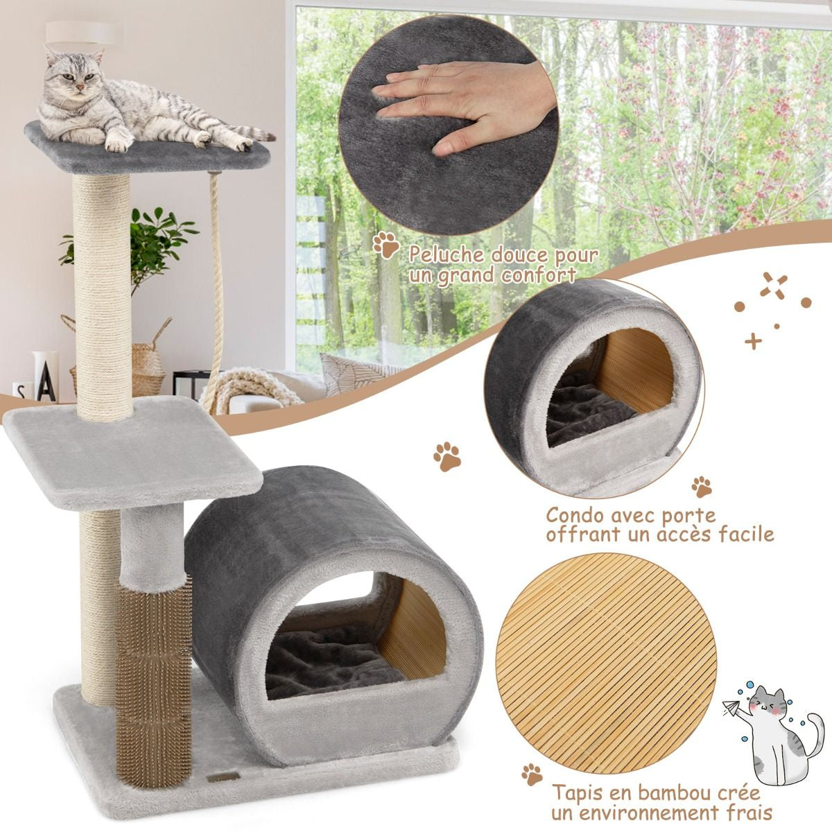 92CM Arbre À Chat 3 Niveaux Avec Poteaux En Sisal Et Poteau EVA Tour À Chat En Peluche Avec Condo Et Corde Suspendue Gris/Noir