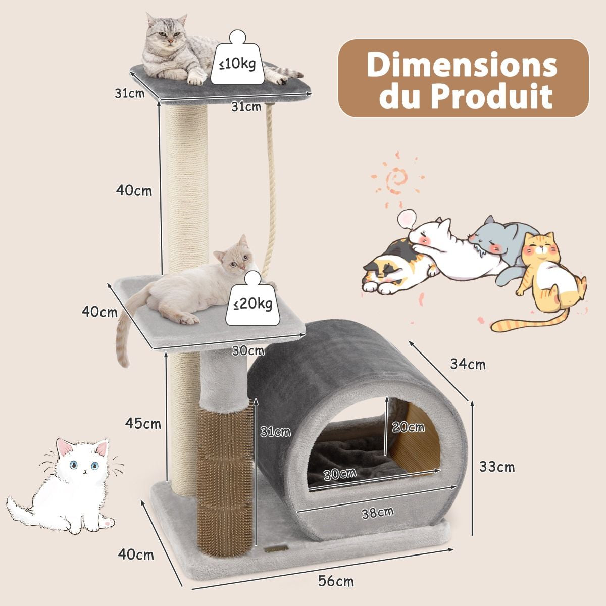 92CM Arbre À Chat 3 Niveaux Avec Poteaux En Sisal Et Poteau EVA Tour À Chat En Peluche Avec Condo Et Corde Suspendue Gris/Noir