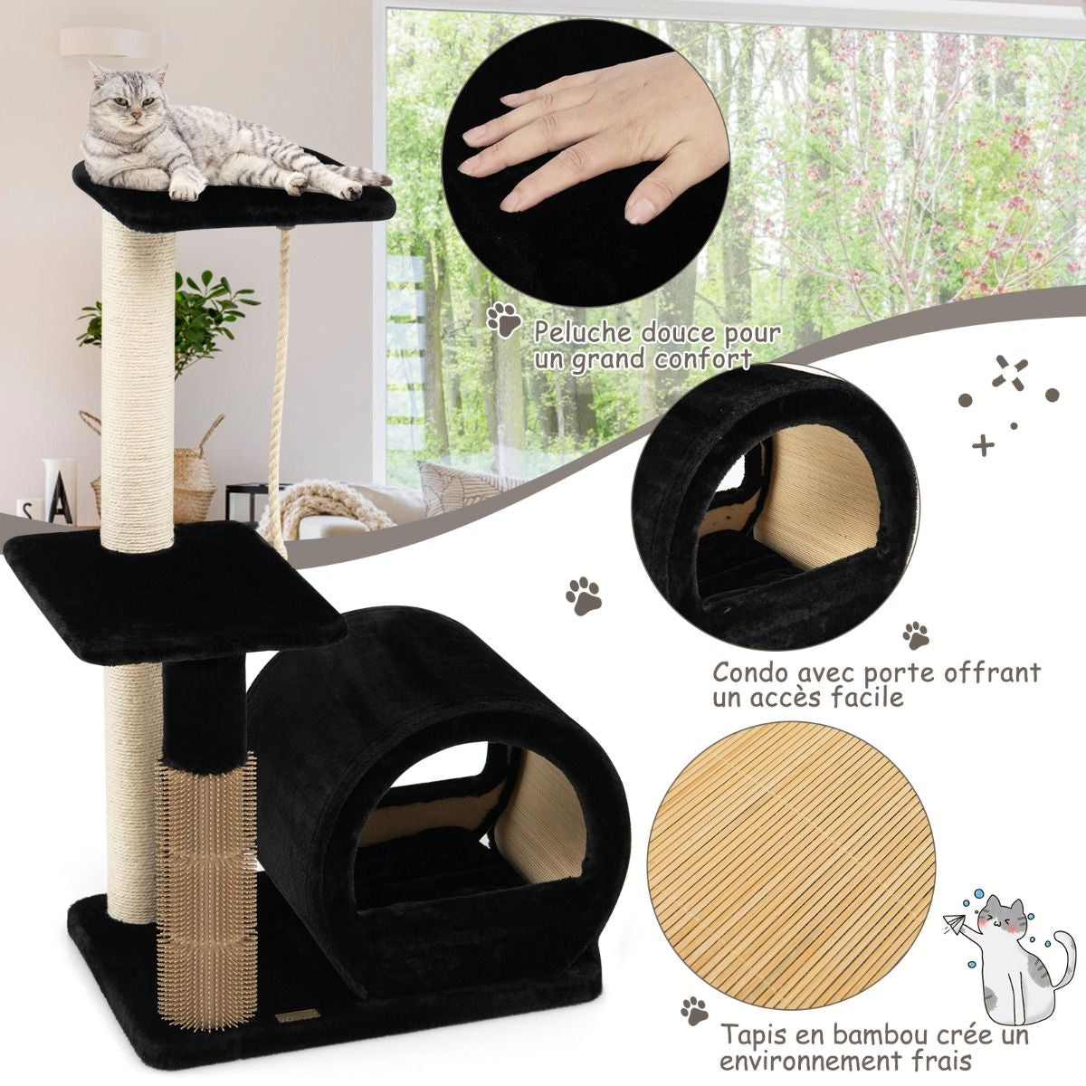 92CM Arbre À Chat 3 Niveaux Avec Poteaux En Sisal Et Poteau EVA Tour À Chat En Peluche Avec Condo Et Corde Suspendue Gris/Noir