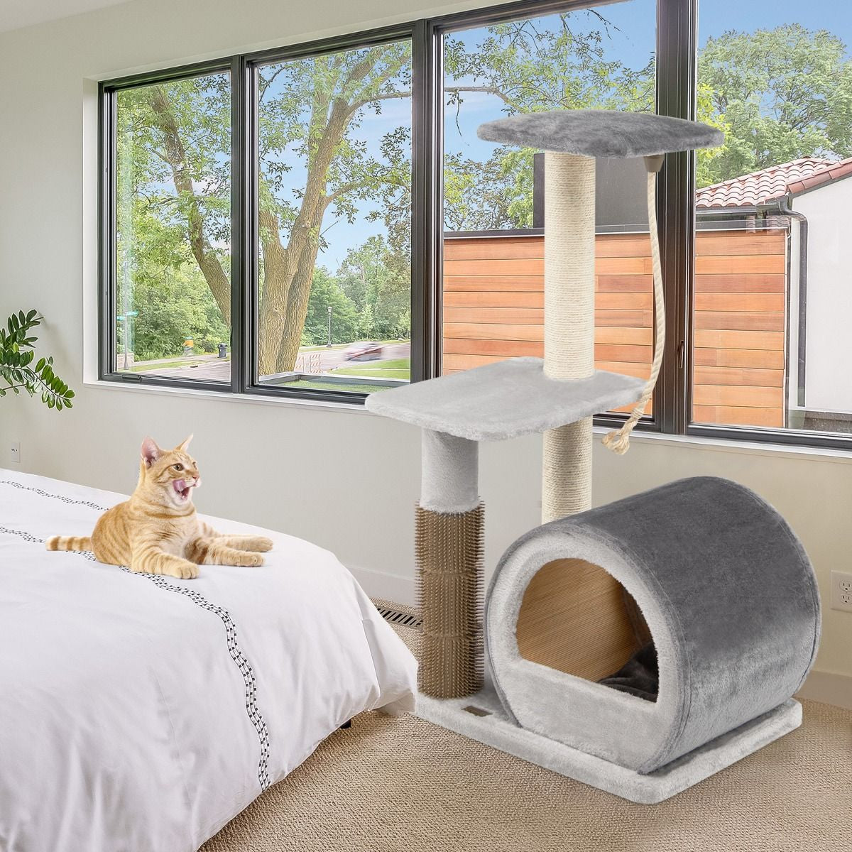 92CM Arbre À Chat 3 Niveaux Avec Poteaux En Sisal Et Poteau EVA Tour À Chat En Peluche Avec Condo Et Corde Suspendue Gris/Noir