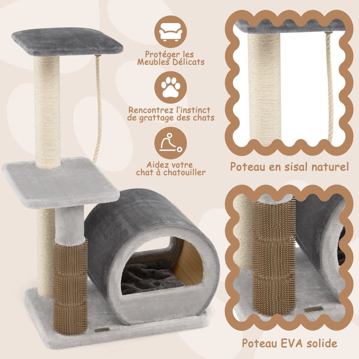 92CM Arbre À Chat 3 Niveaux Avec Poteaux En Sisal Et Poteau EVA Tour À Chat En Peluche Avec Condo Et Corde Suspendue Gris/Noir