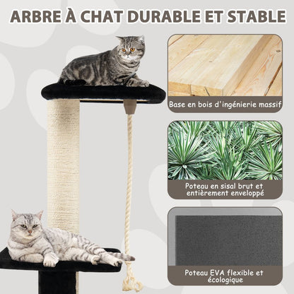 92CM Arbre À Chat 3 Niveaux Avec Poteaux En Sisal Et Poteau EVA Tour À Chat En Peluche Avec Condo Et Corde Suspendue Gris/Noir