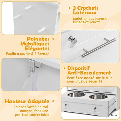 Station D'Alimentation Pour Animaux De Compagnie Avec Bol En Acier Inoxydable Crochet De Suspension Dispositif Anti-Basculement Pour Placard À Porte Basculante