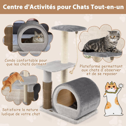 92CM Arbre À Chat 3 Niveaux Avec Poteaux En Sisal Et Poteau EVA Tour À Chat En Peluche Avec Condo Et Corde Suspendue Gris/Noir