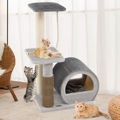 92CM Arbre À Chat 3 Niveaux Avec Poteaux En Sisal Et Poteau EVA Tour À Chat En Peluche Avec Condo Et Corde Suspendue Gris/Noir