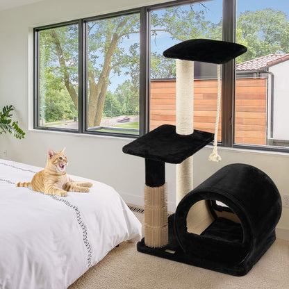 92CM Arbre À Chat 3 Niveaux Avec Poteaux En Sisal Et Poteau EVA Tour À Chat En Peluche Avec Condo Et Corde Suspendue Gris/Noir