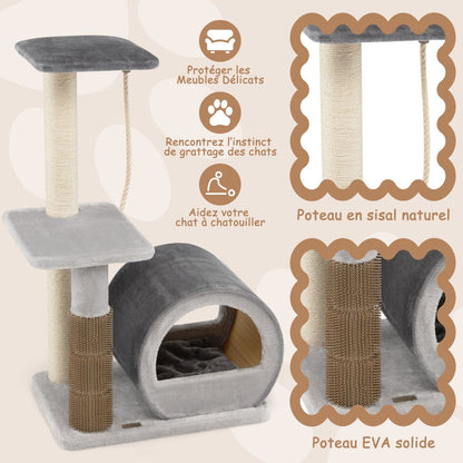 92CM Arbre À Chat 3 Niveaux Avec Poteaux En Sisal Et Poteau EVA Tour À Chat En Peluche Avec Condo Et Corde Suspendue Gris/Noir